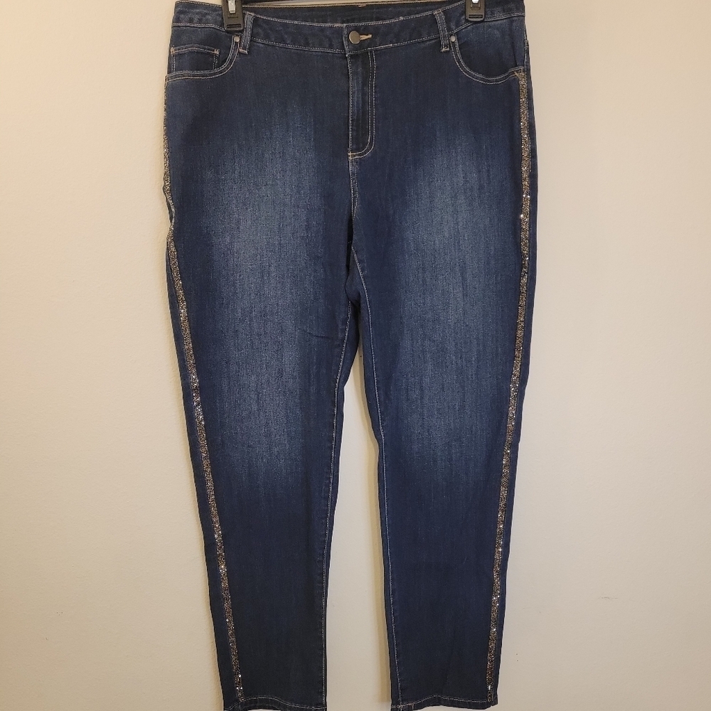 Catherine’s Straight Leg Jeans Rhinestone Tuxedo Stripe Dark Wash Denim 18W